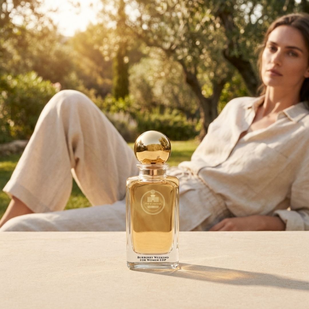 Haus Of Jawhar Burberry Weekend for Women perfume bottle in a luxury lifestyle setting.
