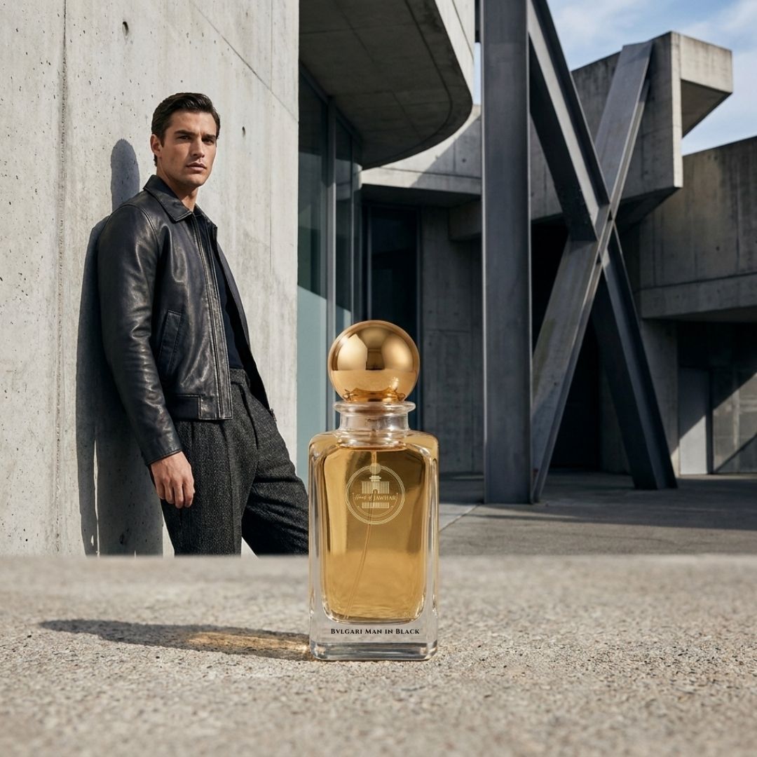 Haus Of Jawhar Bvlgari Man In Black perfume bottle in a luxury lifestyle setting.
