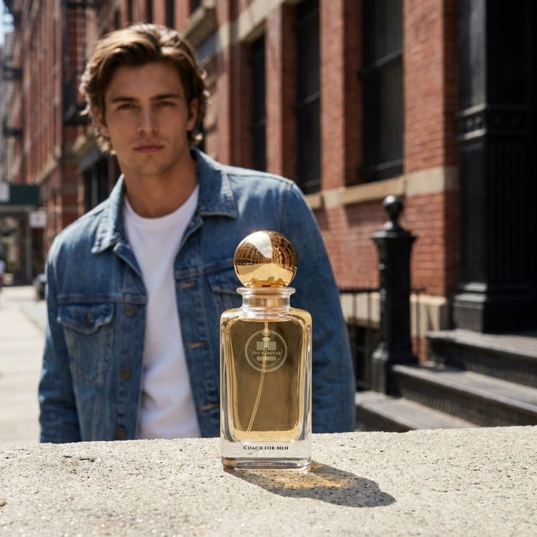 Haus Of Jawhar Coach for Men perfume bottle in a luxury lifestyle setting.