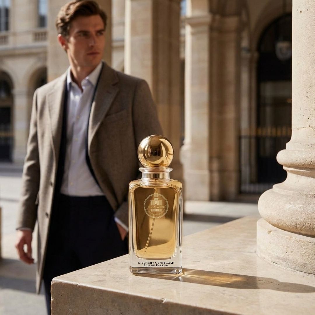 Haus Of Jawhar Givenchy Gentleman perfume bottle in a luxury lifestyle setting.