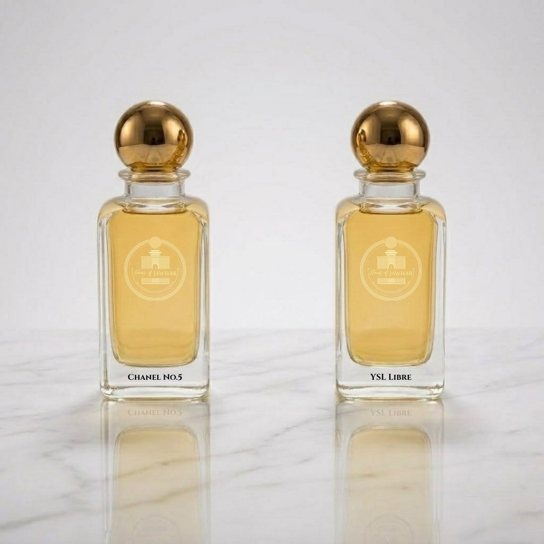 Chanel No.5 and YSL Libre parfum bottles by Haus Of Jawhar.