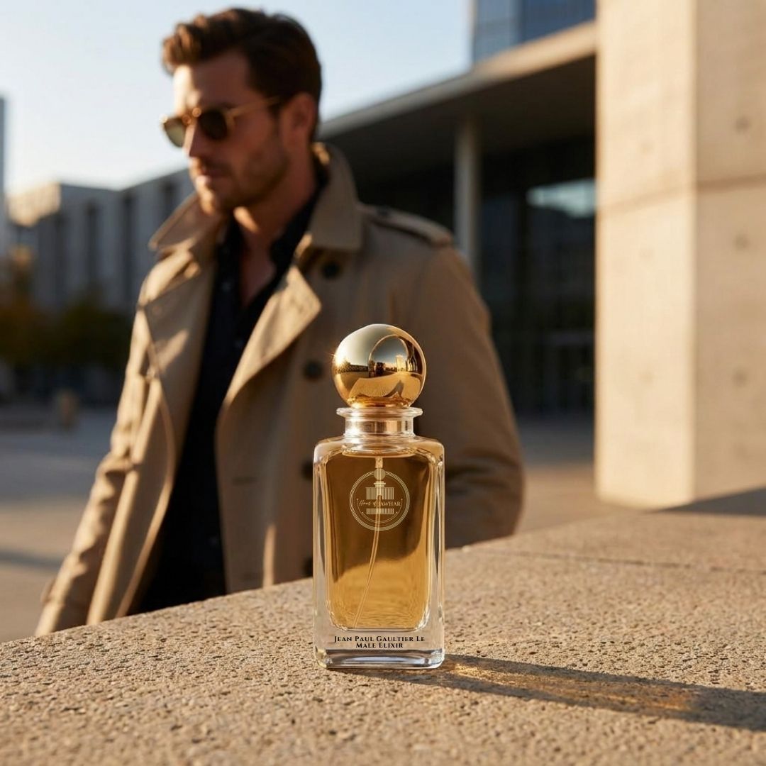 Haus Of Jawhar Jean Paul Gaultier Le Male Elixir perfume bottle in a luxury lifestyle setting.