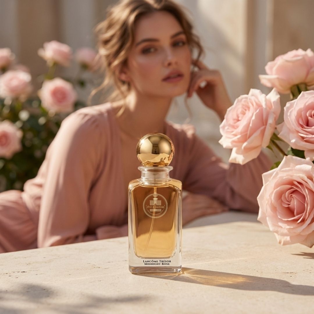 Haus Of Jawhar Lancôme Trésor Midnight Rose perfume bottle in a luxury lifestyle setting.