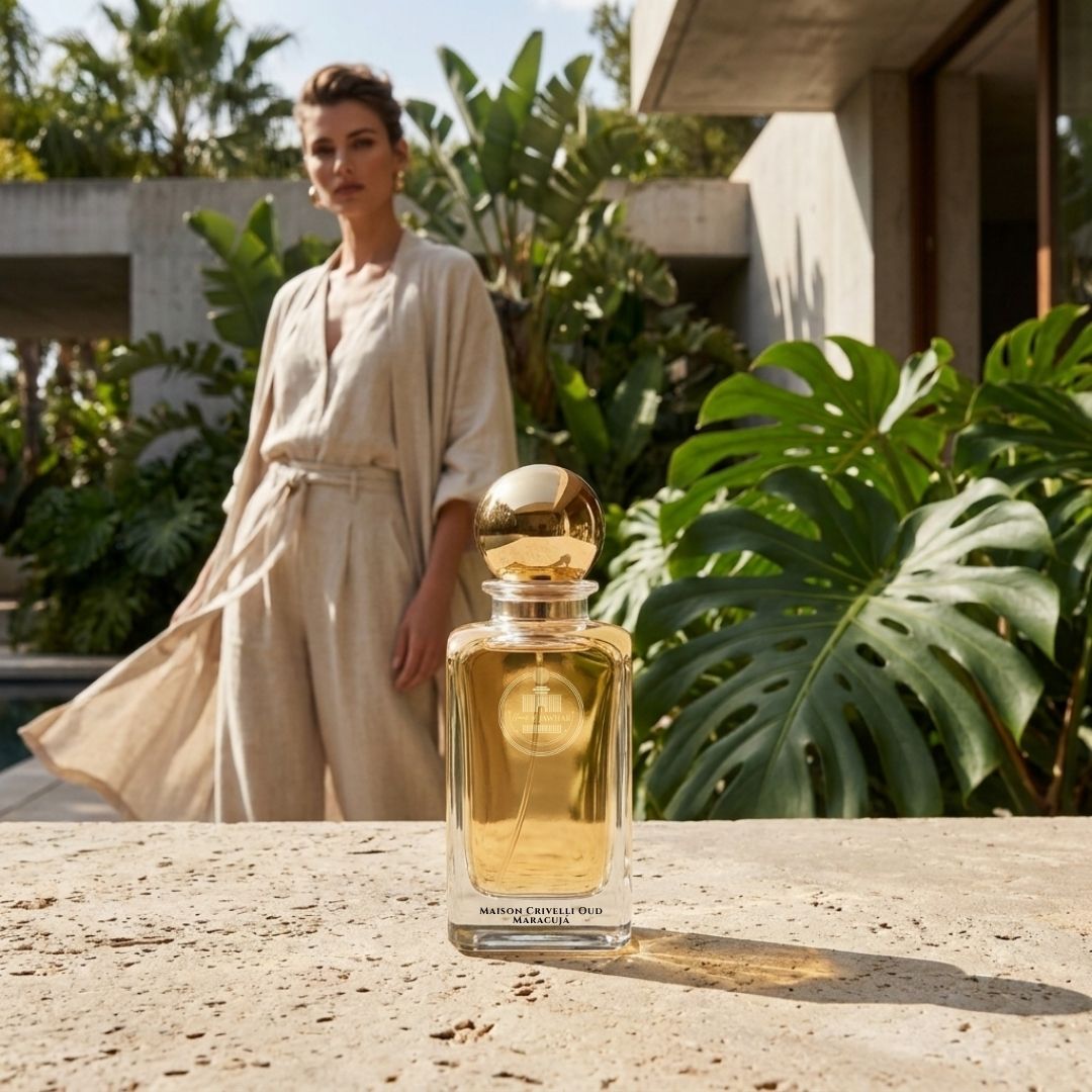 Haus Of Jawhar Maison Crivelli Oud Maracujá perfume bottle in a luxury lifestyle setting.