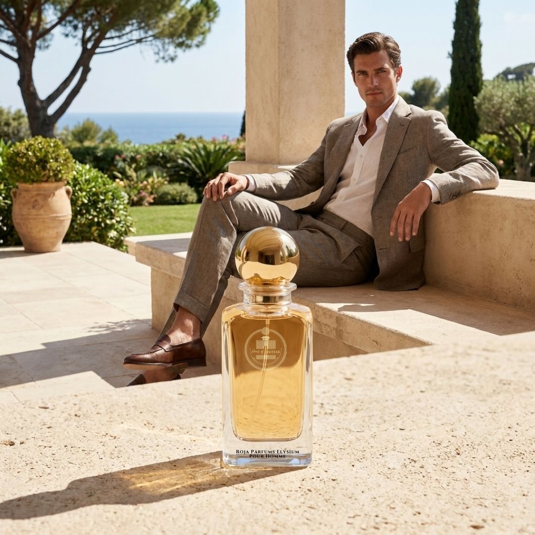 Haus Of Jawhar Roja Elysium Pour Homme perfume bottle in a luxury lifestyle setting.