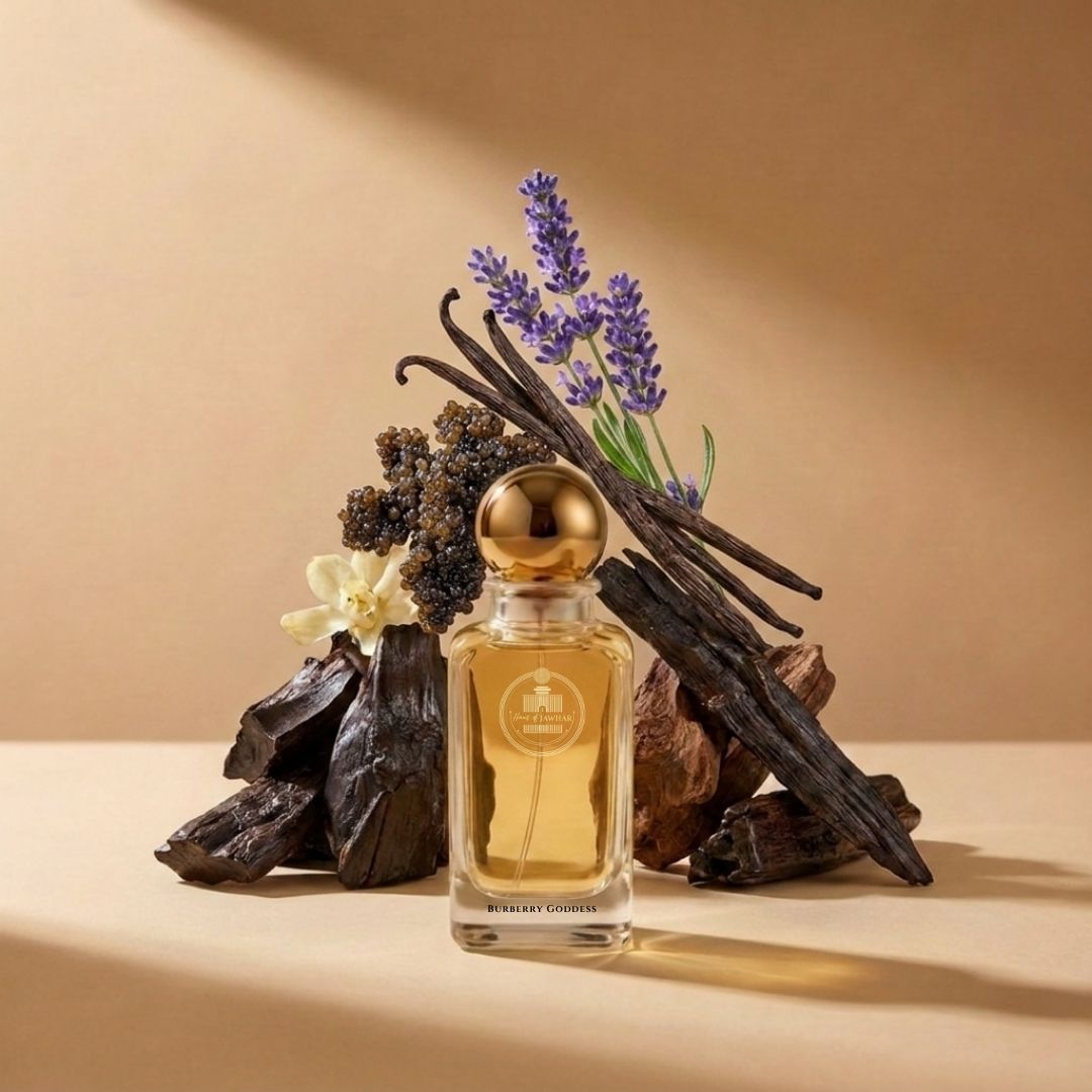Haus Of Jawhar Burberry Goddess perfume bottle with vanilla, lavender, cacao and ginger fragrance notes.