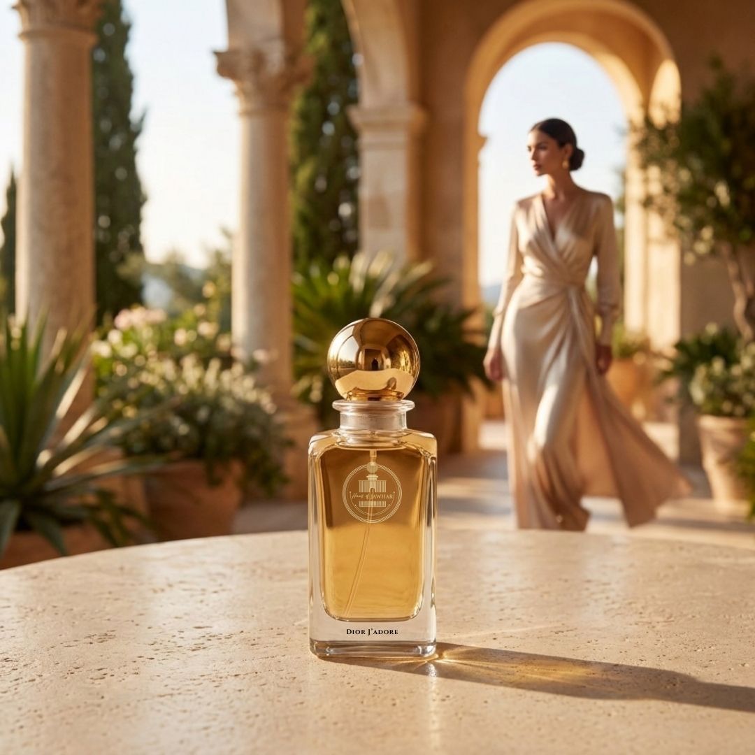 Haus Of Jawhar Dior J'adore perfume bottle in a luxury lifestyle setting.