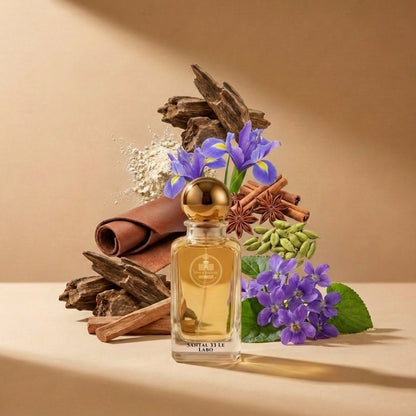 Haus Of Jawhar Santal 33 inspired parfum bottle with sandalwood, iris flowers, cinnamon, and botanical ingredients.