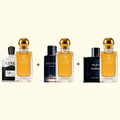 Haus Of Jawhar Aventus, Sauvage Elixir and Bleu de Chanel perfume bottles with fragrance references.
