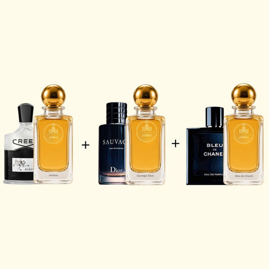 Haus Of Jawhar Aventus, Sauvage Elixir and Bleu de Chanel perfume bottles with fragrance references.
