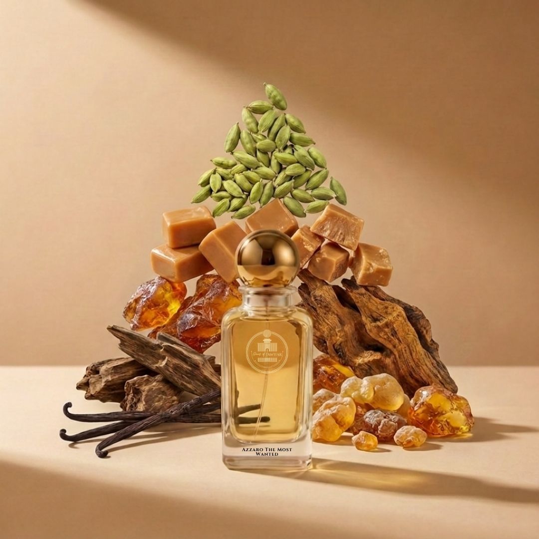 Haus Of Jawhar Azzaro The Most Wanted perfume bottle with cardamom, toffee, amberwood and vanilla fragrance notes.