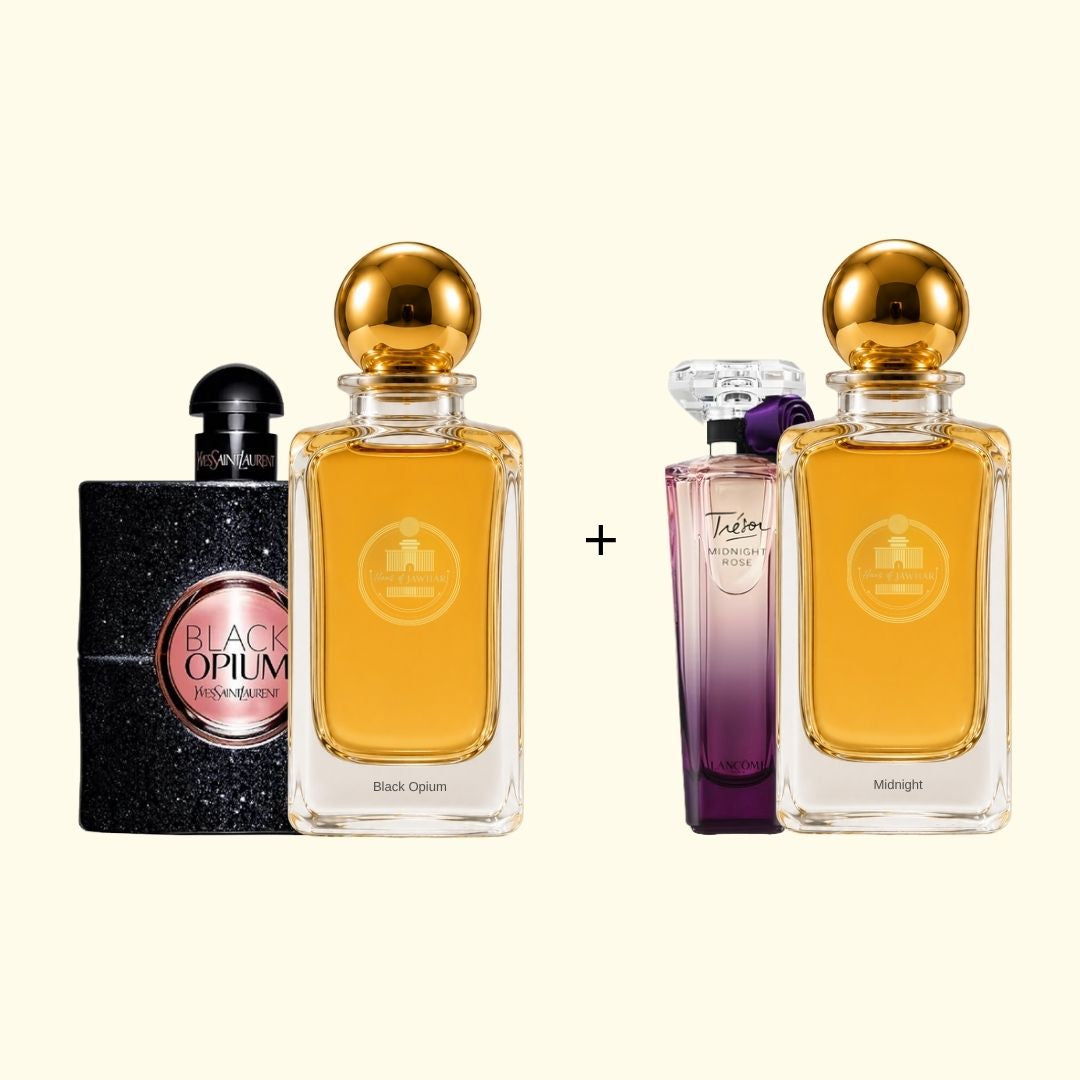 Haus Of Jawhar Black Opium and Midnight Rose perfume bottles with fragrance references.
