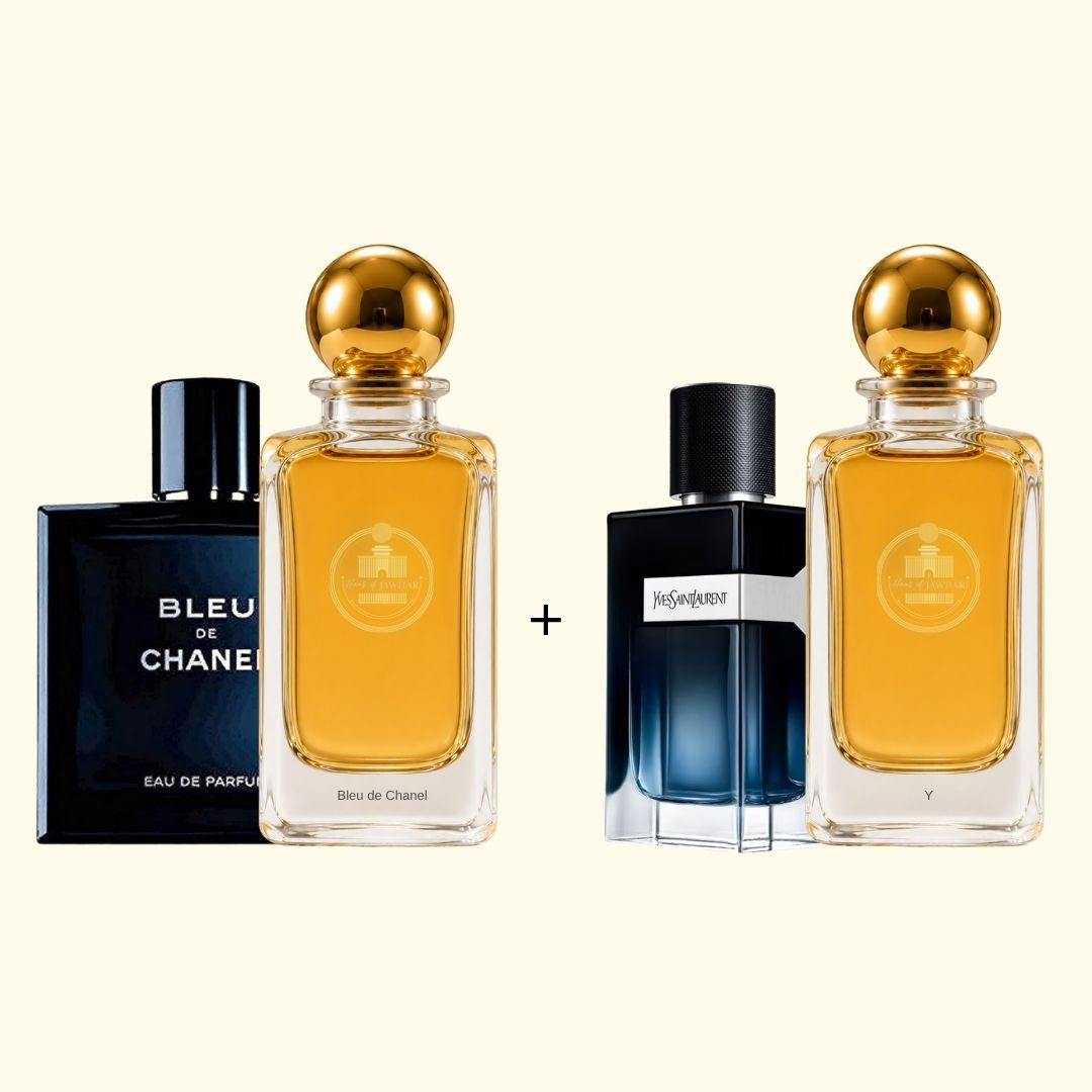Haus Of Jawhar Bleu de Chanel and Y perfume bottles with fragrance references.