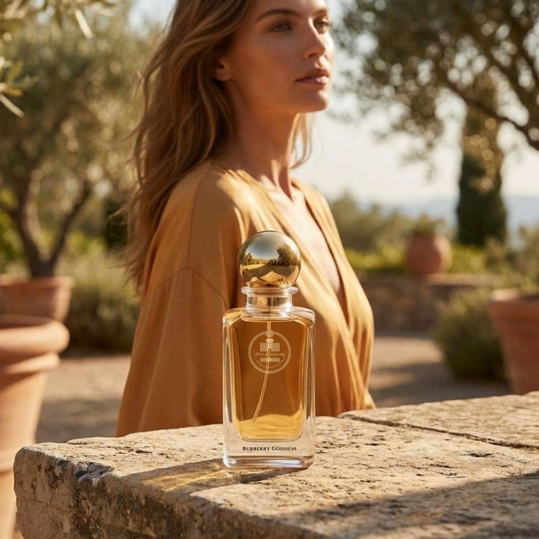 Haus Of Jawhar Burberry Goddess perfume bottle in a luxury lifestyle setting.