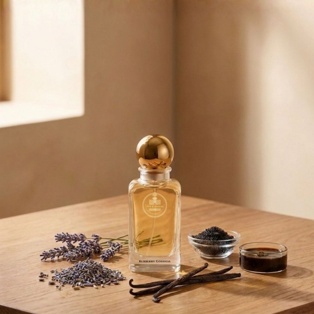 Haus Of Jawhar Burberry Goddess perfume bottle with vanilla, lavender, cacao and ginger fragrance notes.