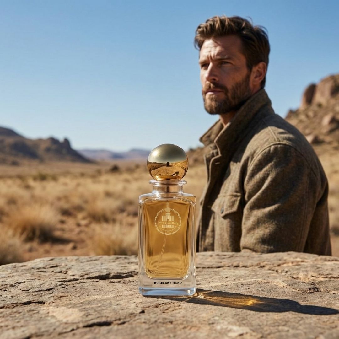Haus Of Jawhar Burberry Hero perfume bottle in a luxury lifestyle setting.