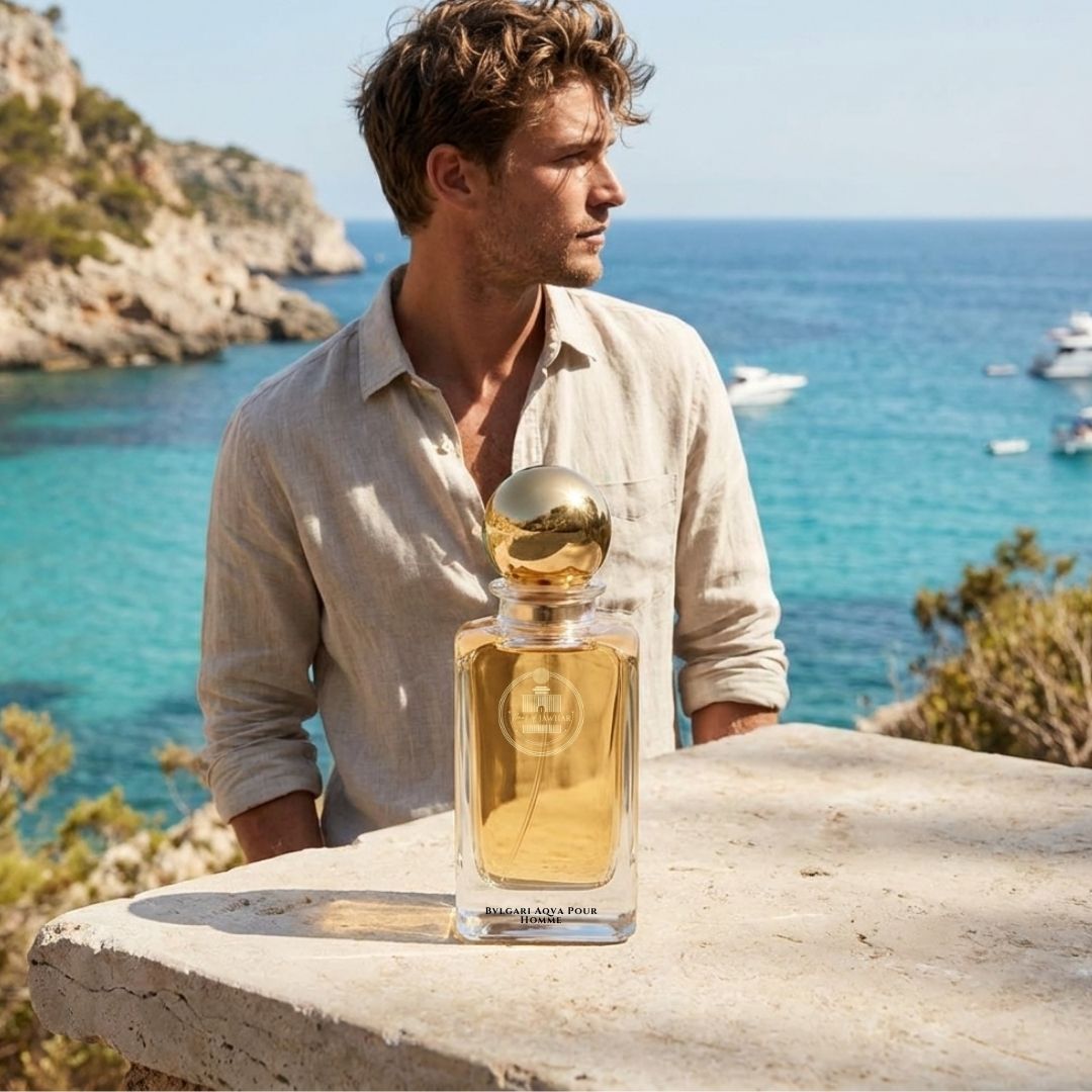 Haus Of Jawhar Bvlgari Aqva Pour Homme perfume bottle in a luxury lifestyle setting.