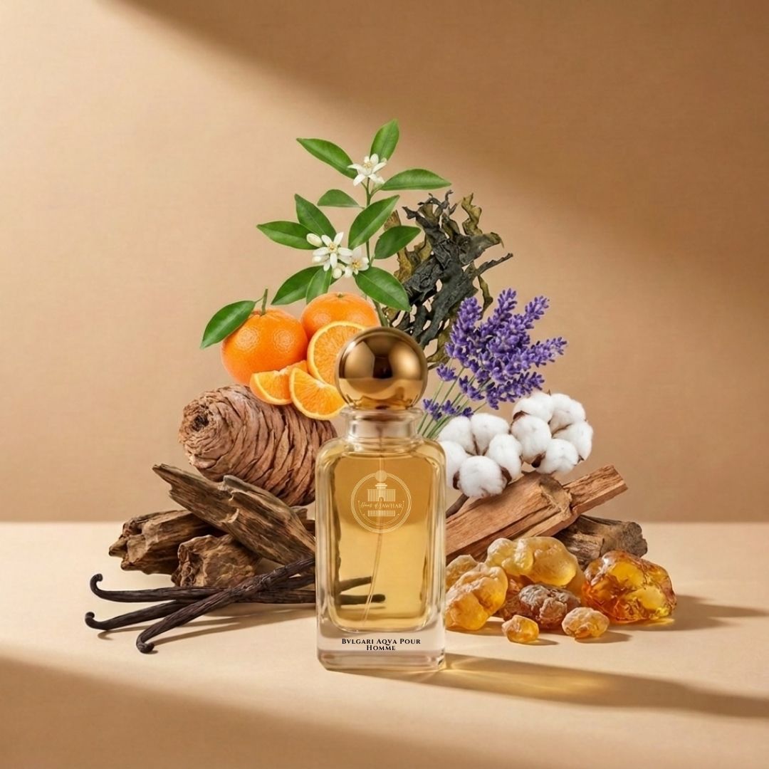 Haus Of Jawhar Bvlgari Aqva Pour Homme perfume bottle with mandarin orange, petitgrain, seaweed and amber fragrance notes.