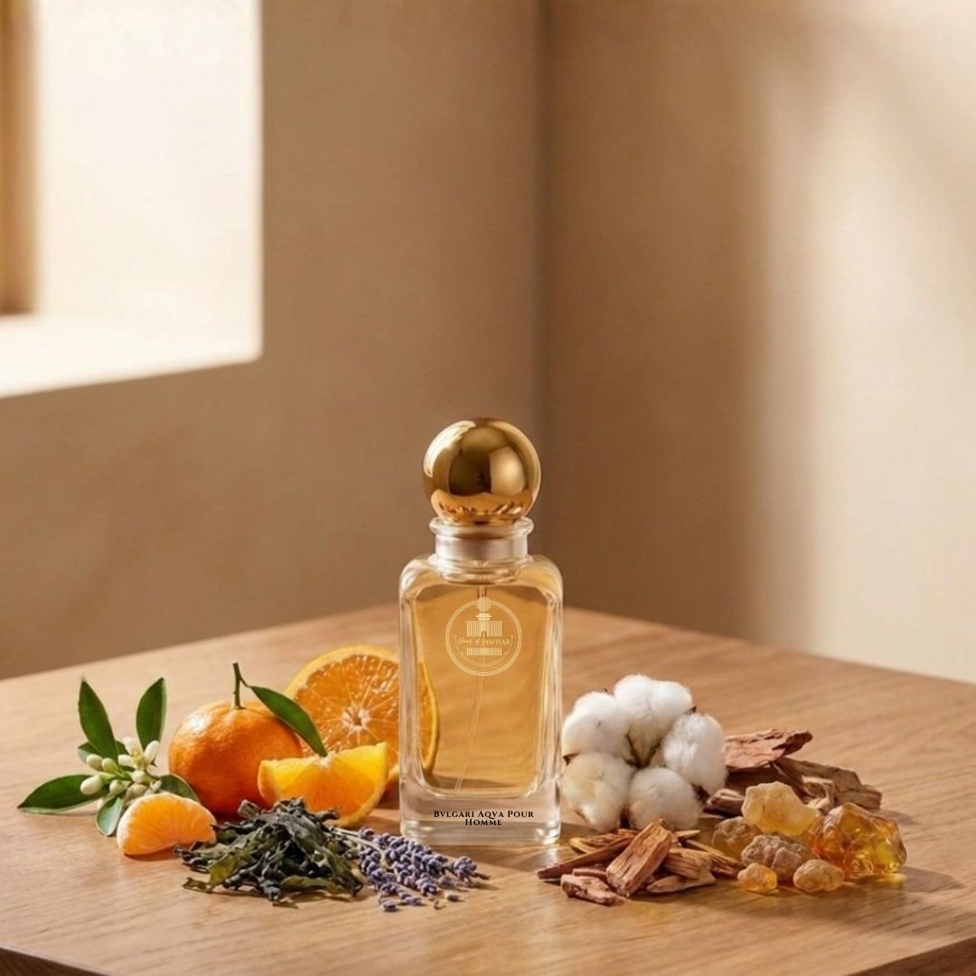 Haus Of Jawhar Bvlgari Aqva Pour Homme perfume bottle with mandarin orange, petitgrain, seaweed and amber fragrance notes.