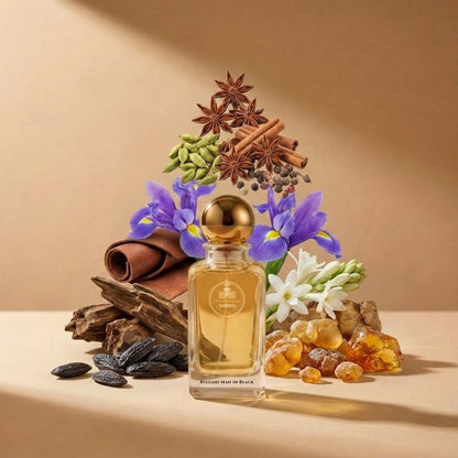 Haus Of Jawhar Bvlgari Man In Black perfume bottle with rum, spices, leather and tonka bean fragrance notes.