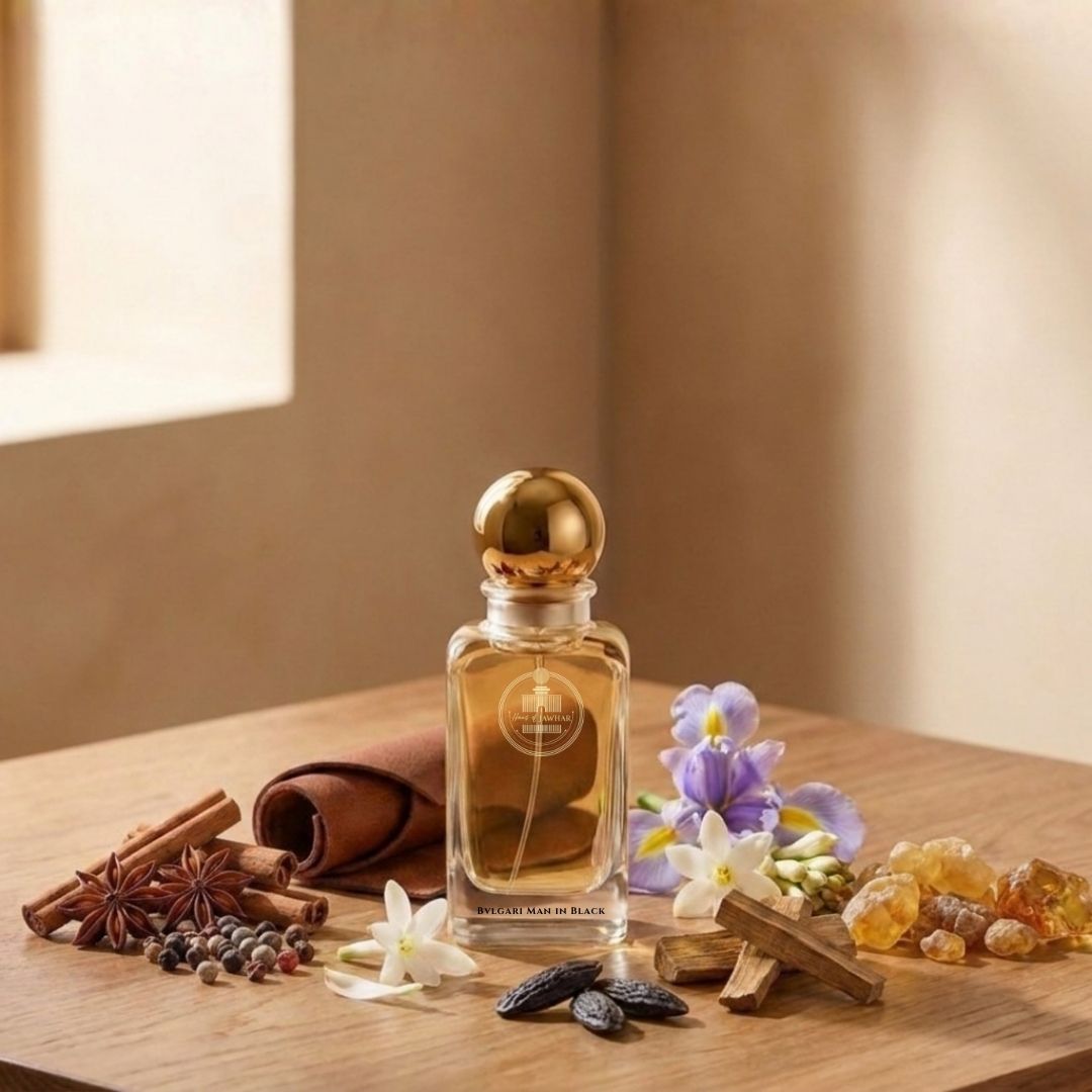 Haus Of Jawhar Bvlgari Man In Black perfume bottle with rum, spices, leather and tonka bean fragrance notes.