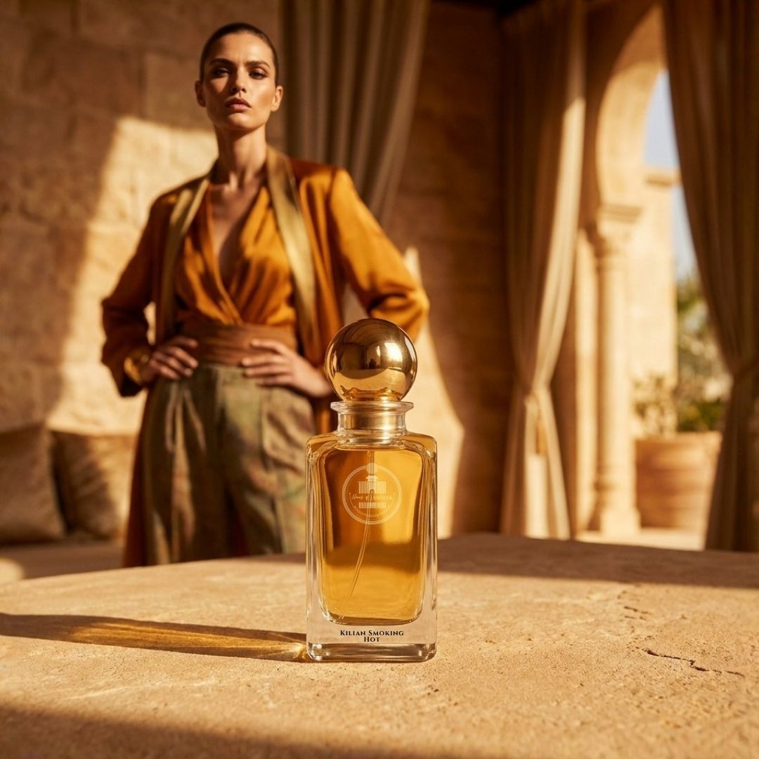 Haus Of Jawhar By Kilian Smoking Hot perfume bottle in a luxury lifestyle setting.