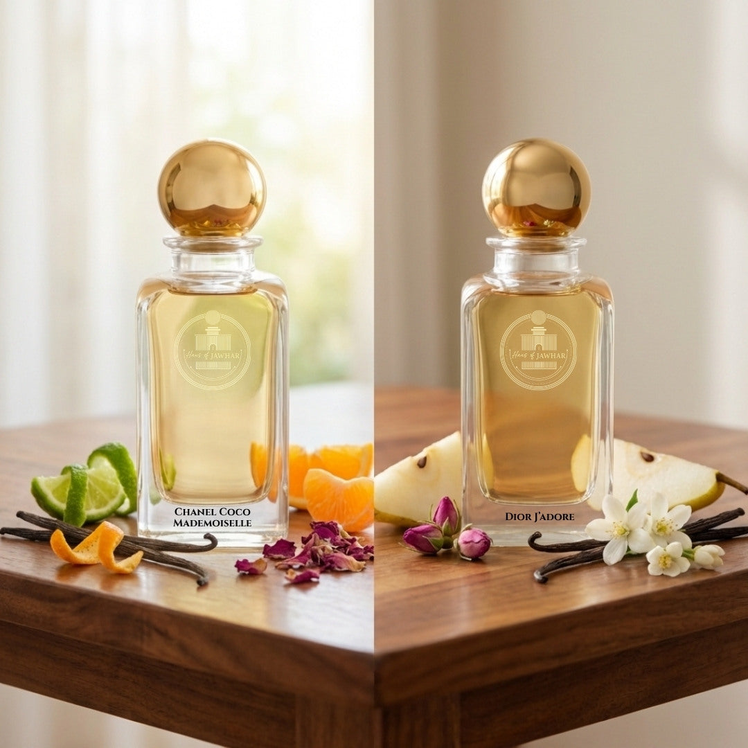 Chanel Coco Mademoiselle and Dior J'adore by Haus Of Jawhar with citrus, pear, vanilla, rose, and white flowers.