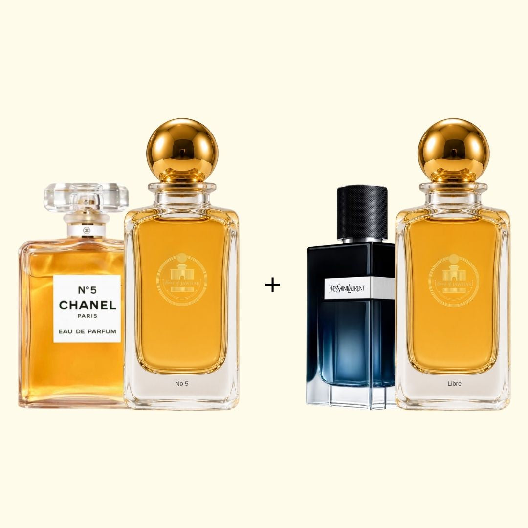 Haus Of Jawhar Chanel No. 5 and Y perfume bottles with fragrance references.
