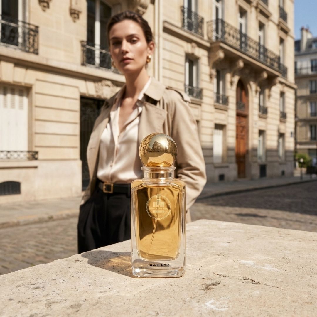 Haus Of Jawhar Chanel No. 5 perfume bottle in a luxury lifestyle setting.