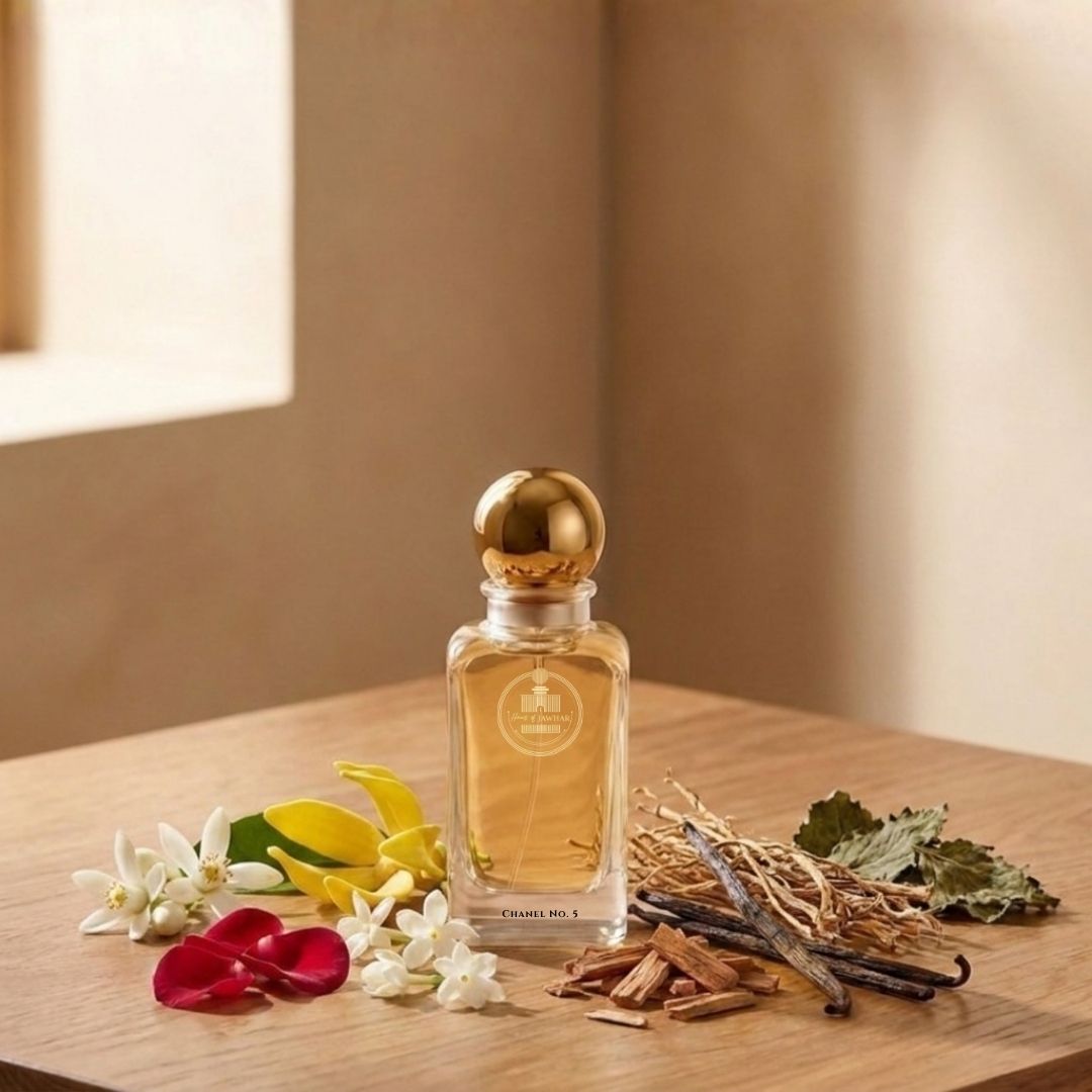 Haus Of Jawhar Chanel No. 5 perfume bottle with aldehydes, jasmine, rose and sandalwood fragrance notes.