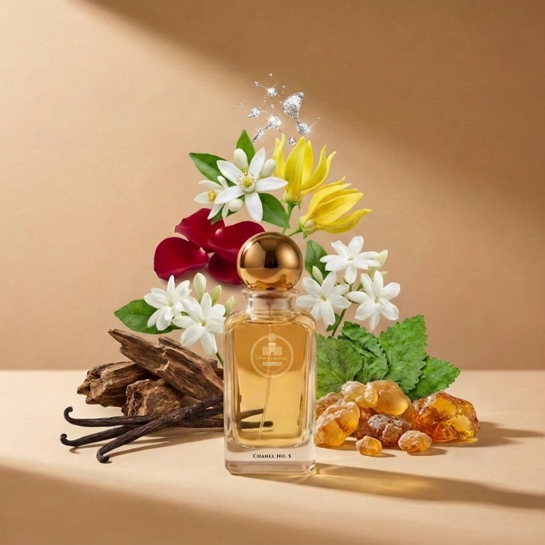 Haus Of Jawhar Chanel No. 5 perfume bottle with aldehydes, jasmine, rose and sandalwood fragrance notes.