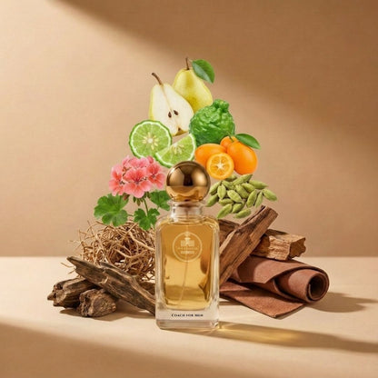 Haus Of Jawhar Coach for Men perfume bottle with bergamot, pear, cardamom and vetiver fragrance notes.