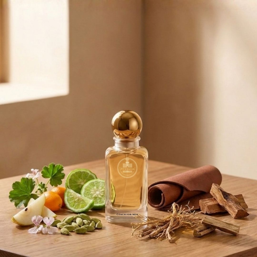 Haus Of Jawhar Coach for Men perfume bottle with bergamot, pear, cardamom and vetiver fragrance notes.