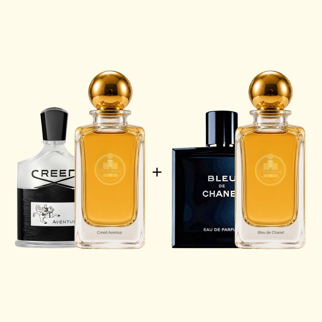 Haus Of Jawhar Creed Aventus and Bleu de Chanel perfume bottles with fragrance references.