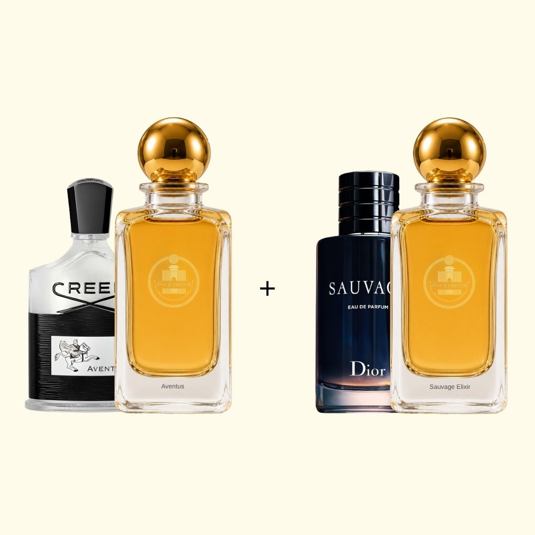 Haus Of Jawhar Creed Aventus and Sauvage Elixir perfume bottles with fragrance references.