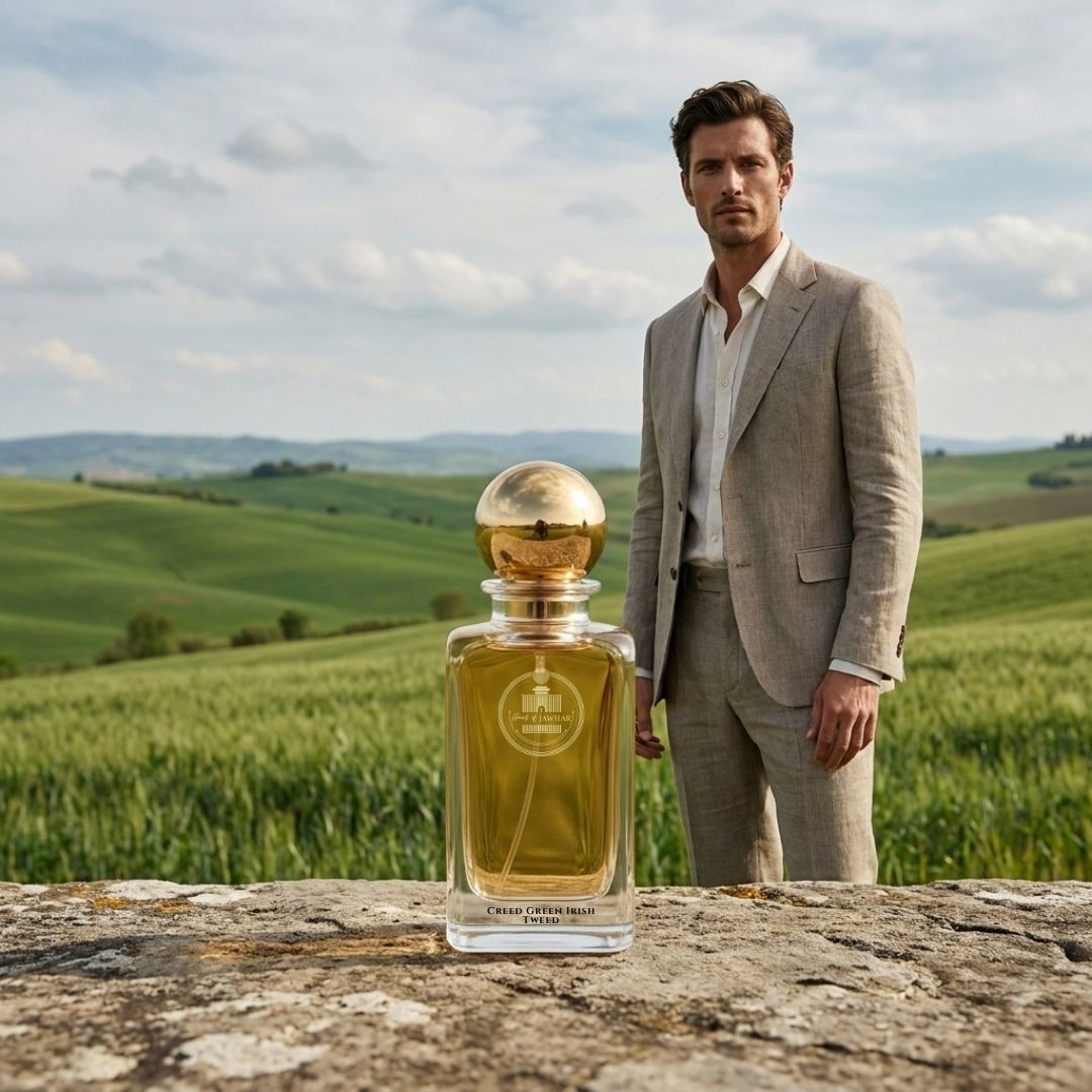 Haus Of Jawhar Creed Green Irish Tweed perfume bottle in a luxury lifestyle setting.