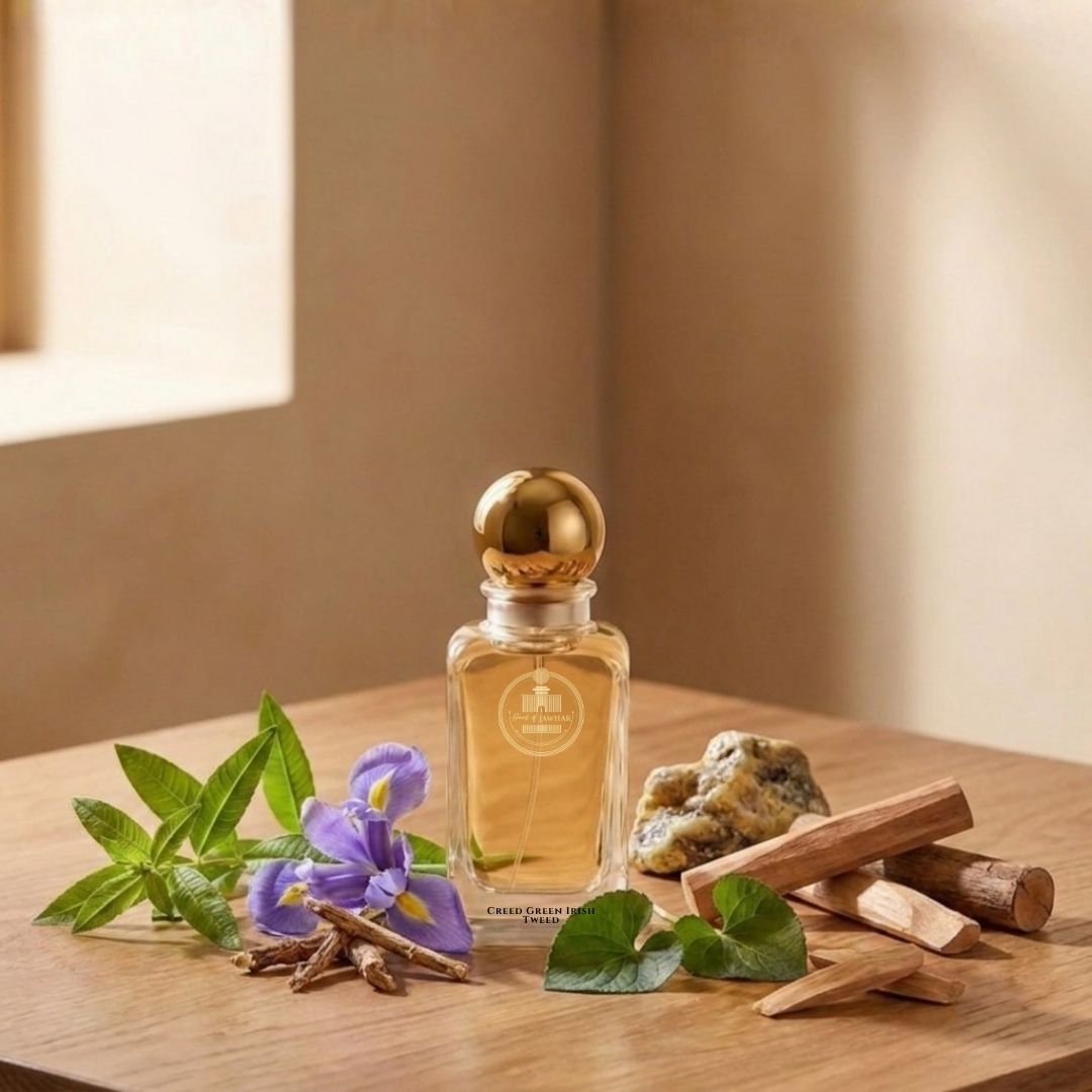 Haus Of Jawhar Creed Green Irish Tweed perfume bottle with lemon verbena, iris, violet leaf and sandalwood fragrance notes.