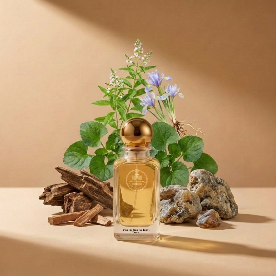 Haus Of Jawhar Creed Green Irish Tweed perfume bottle with lemon verbena, iris, violet leaf and sandalwood fragrance notes.
