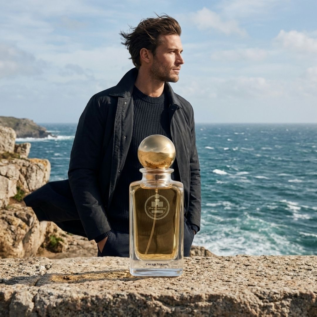 Haus Of Jawhar Creed Viking perfume bottle in a luxury lifestyle setting.