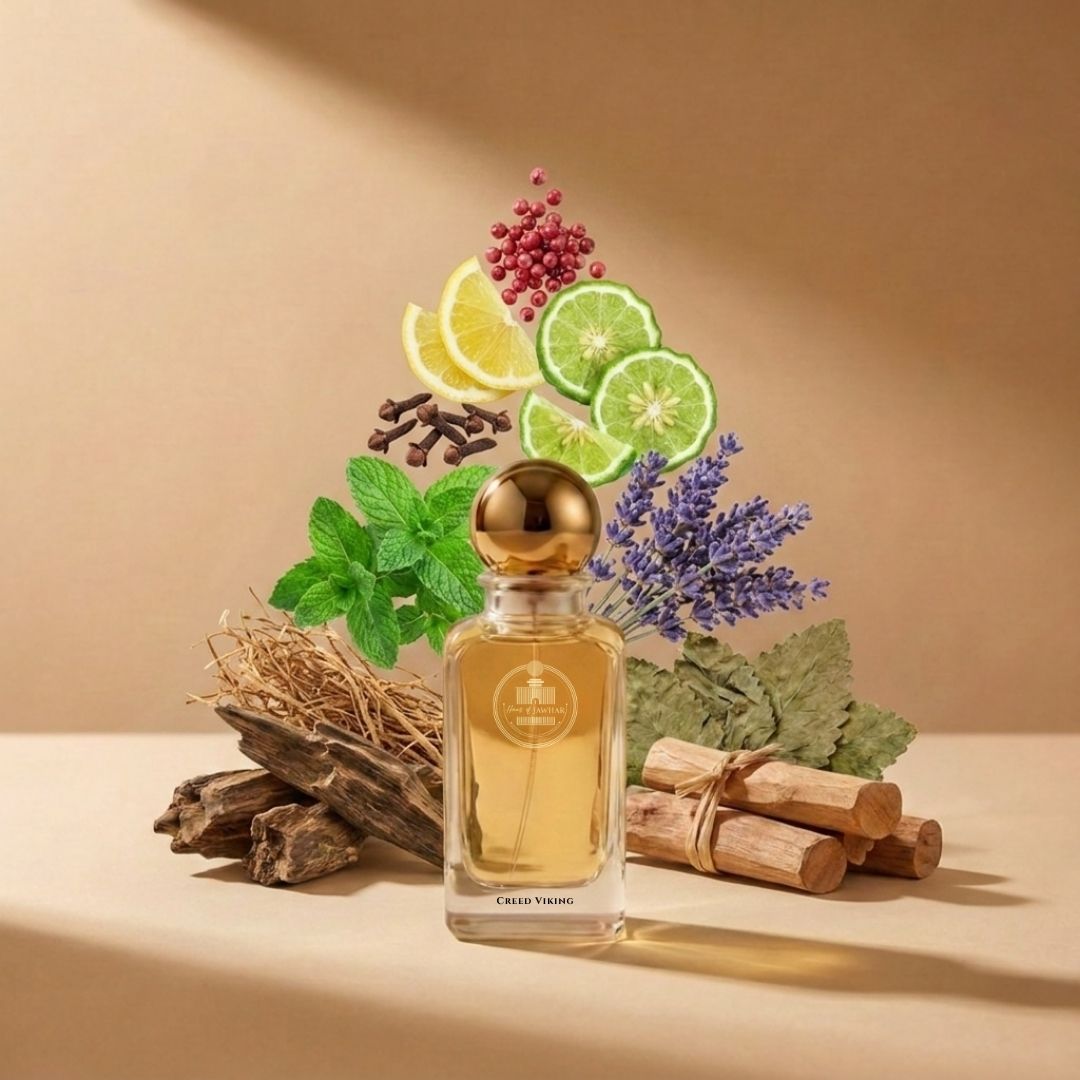 Haus Of Jawhar Creed Viking perfume bottle with pink pepper, peppermint, lavender and sandalwood fragrance notes.