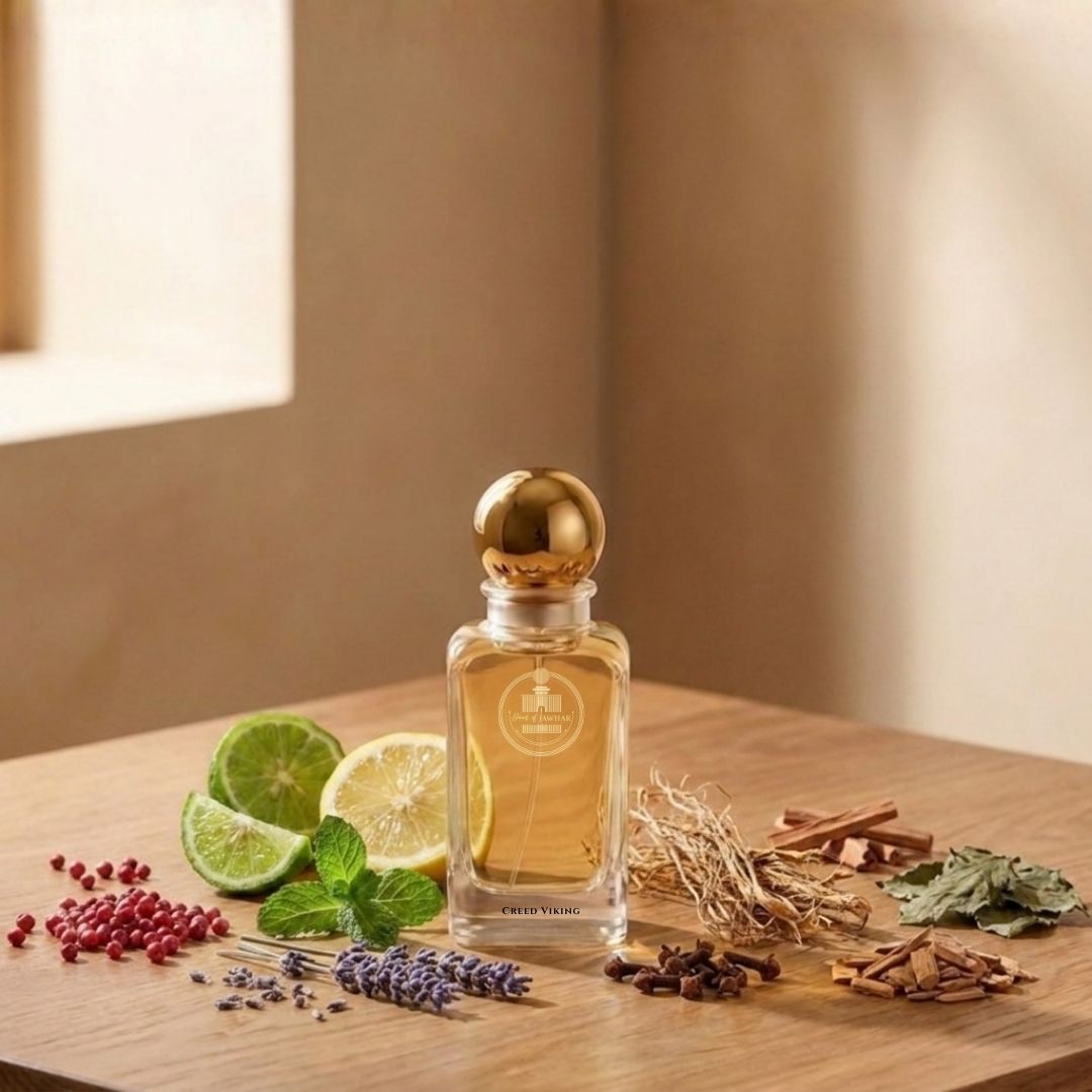 Haus Of Jawhar Creed Viking perfume bottle with pink pepper, peppermint, lavender and sandalwood fragrance notes.