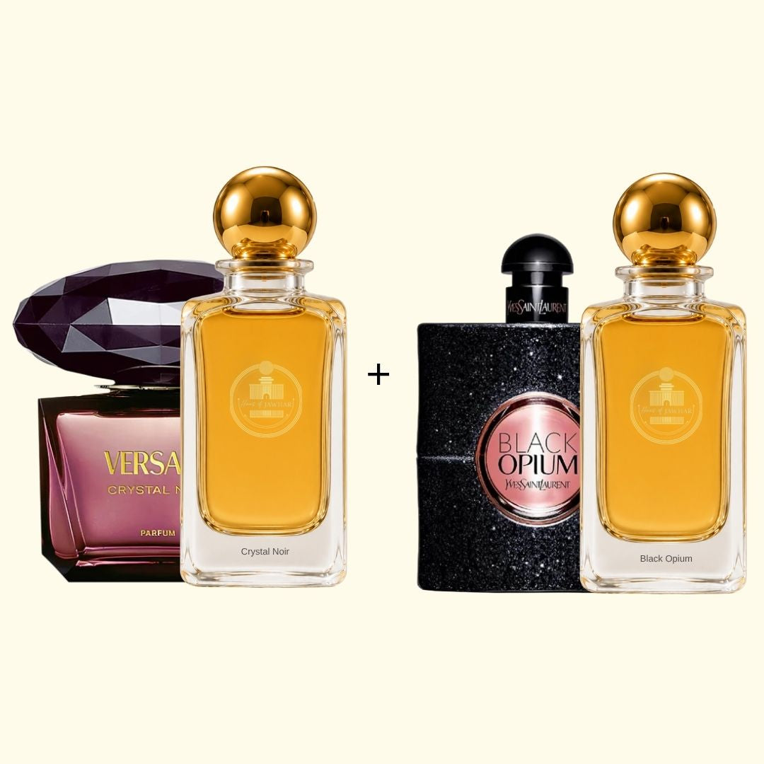 Haus Of Jawhar Crystal Noir and Black Opium perfume bottles with fragrance references. 