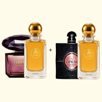 Haus Of Jawhar Crystal Noir and Black Opium perfume bottles with fragrance references. 