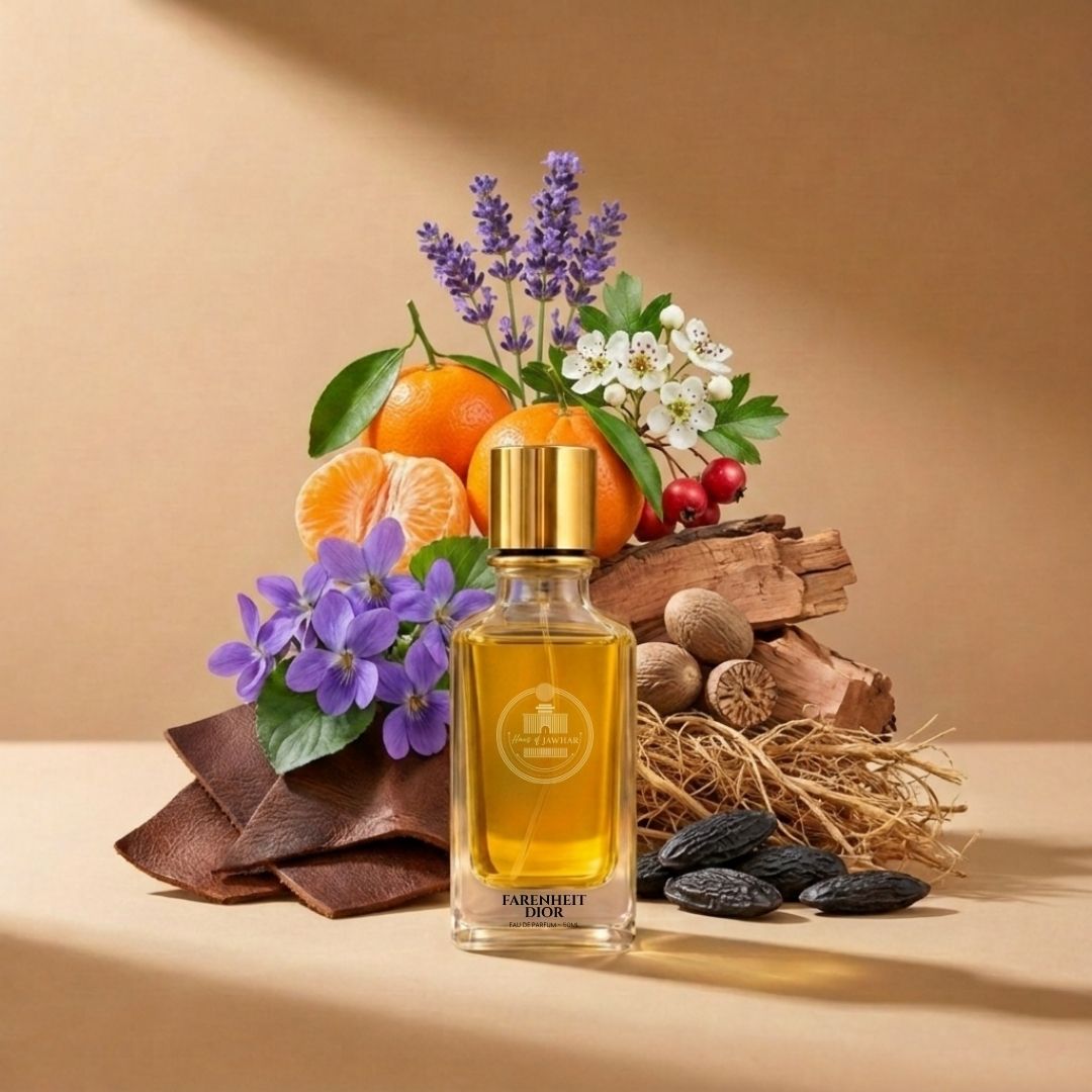 Dior Fahrenheit by Haus Of Jawhar with mandarin, lavender, violet, leather, nutmeg, cedar, vetiver and tonka bean notes.