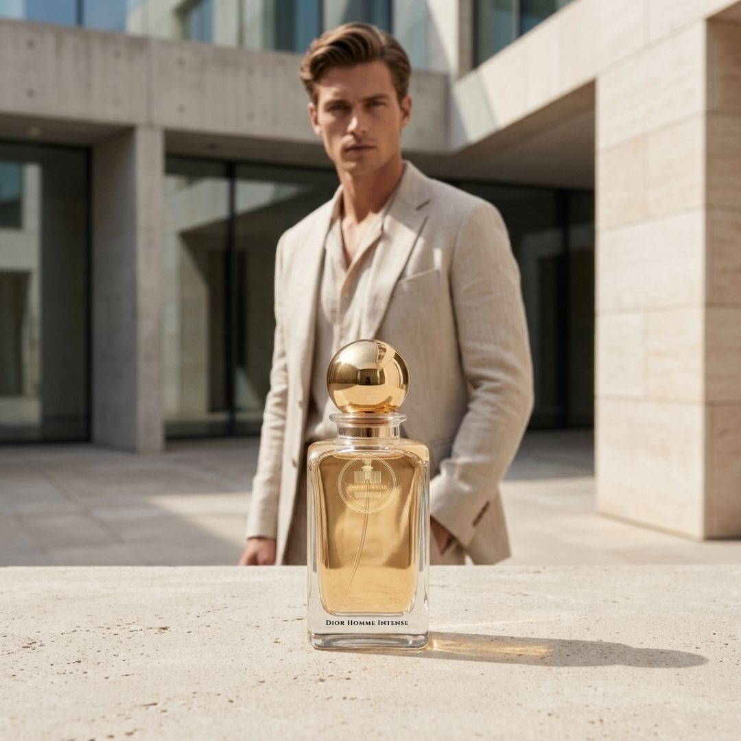Haus Of Jawhar Dior Homme Intense perfume bottle in a luxury lifestyle setting.