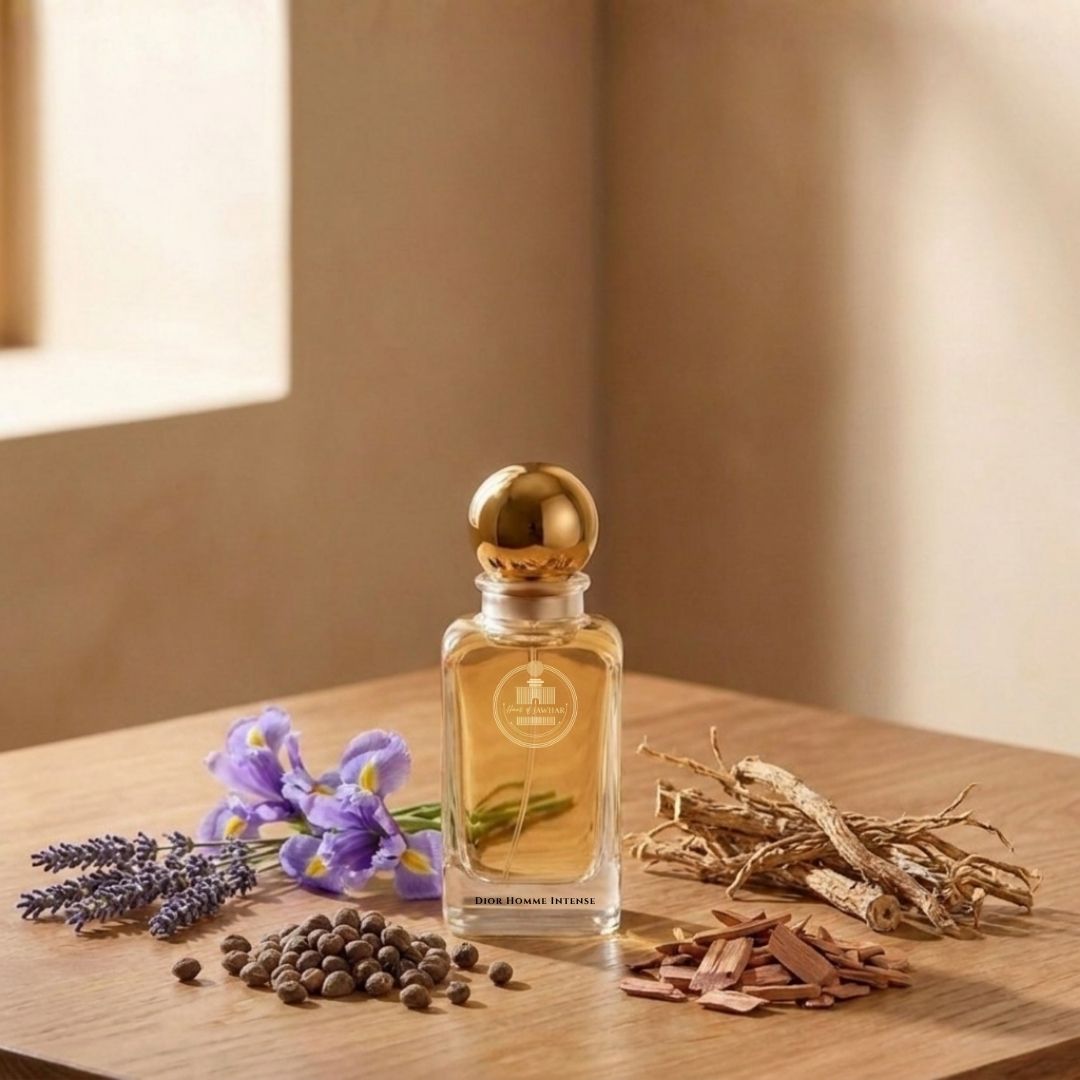 Haus Of Jawhar Dior Homme Intense perfume bottle with iris, lavender, pear and cedarwood fragrance notes.