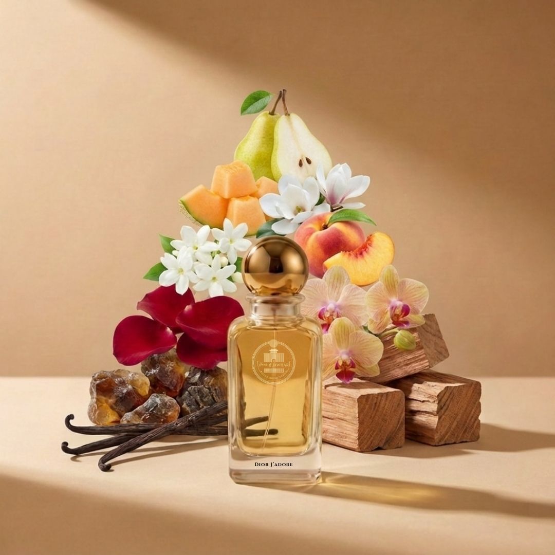 Haus Of Jawhar Dior J'adore perfume bottle with jasmine, ylang-ylang, rose and musk fragrance notes.