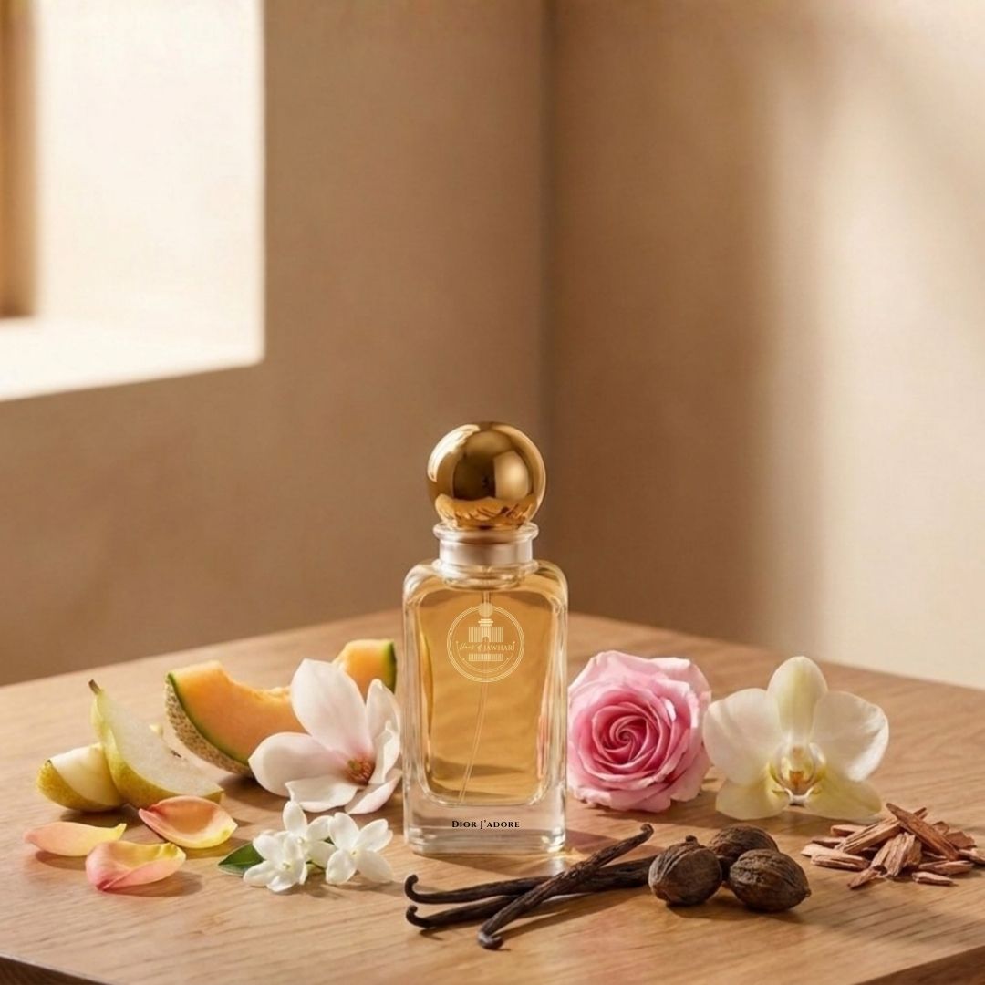 Haus Of Jawhar Dior J'adore perfume bottle with jasmine, ylang-ylang, rose and musk fragrance notes.