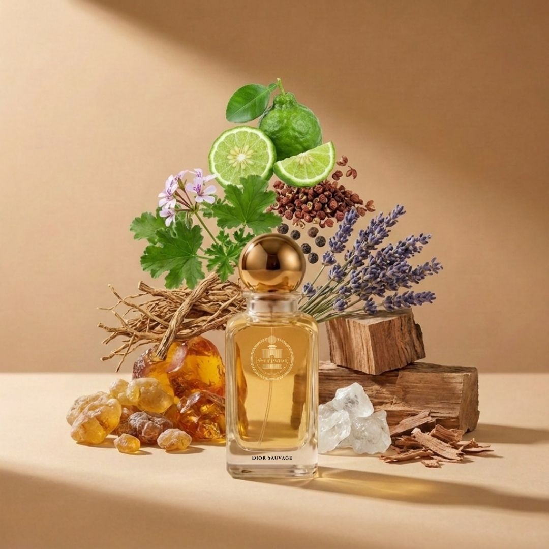 Haus Of Jawhar Dior Sauvage perfume bottle with bergamot, Sichuan pepper, ambroxan and cedarwood fragrance notes.