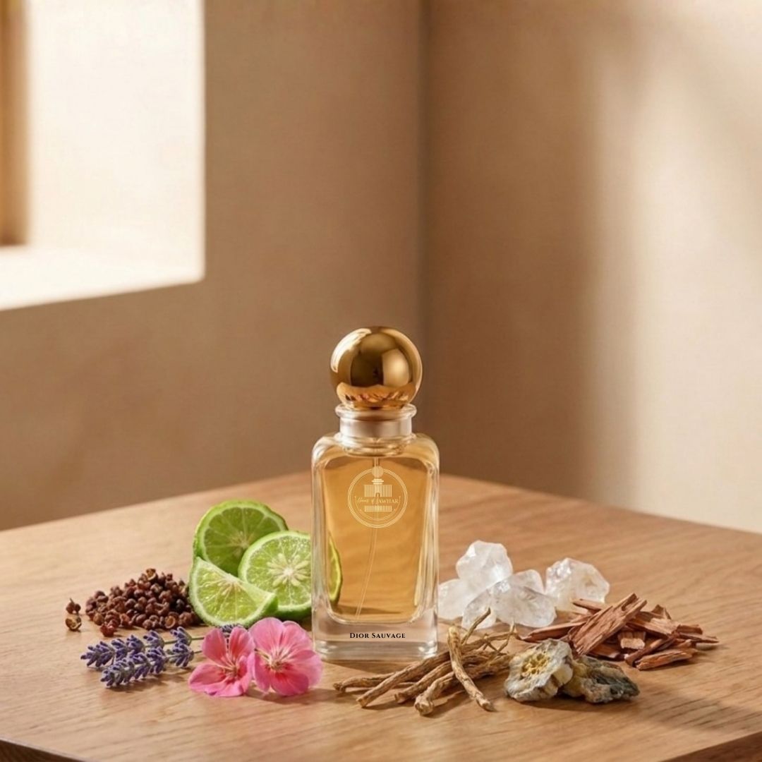 Haus Of Jawhar Dior Sauvage perfume bottle with bergamot, Sichuan pepper, ambroxan and cedarwood fragrance notes.
